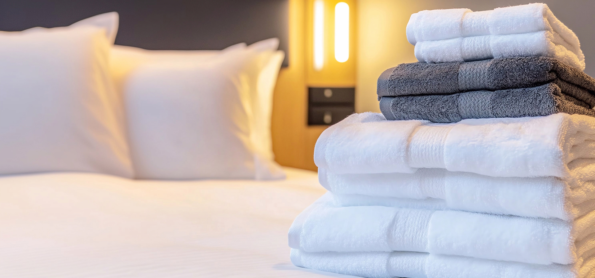 Premium white hotel towels neatly stacked